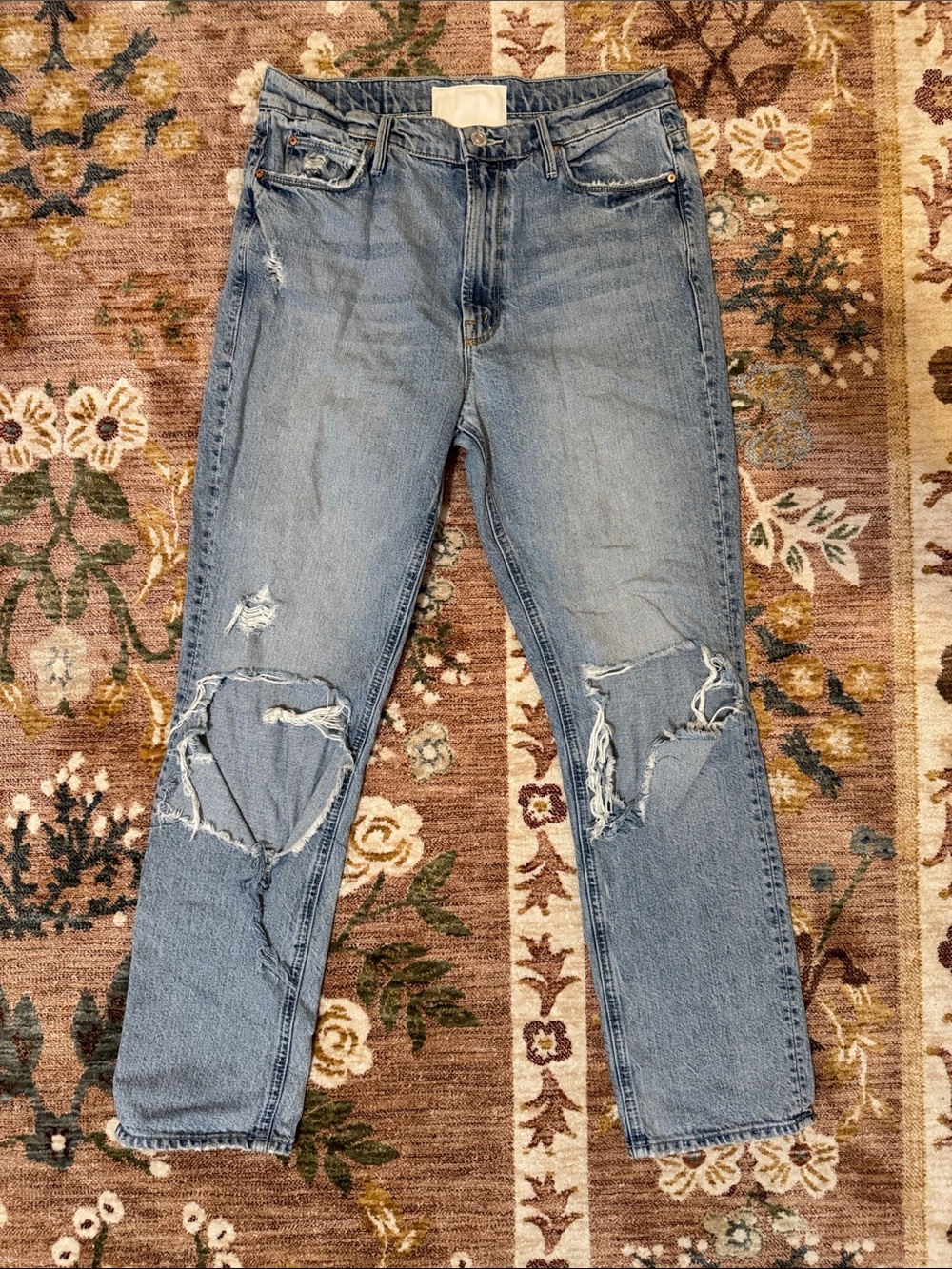 MOTHER Dazzler Ankle Distressed Light Blue Boyfriend Jeans - 28